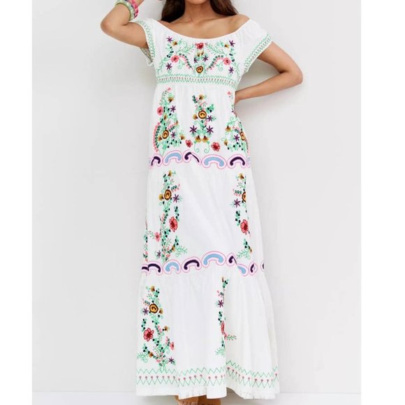 Anthropologie XS NWT White Embroidered Off-The-Shoulder Maxi Dress $258  Bohemian